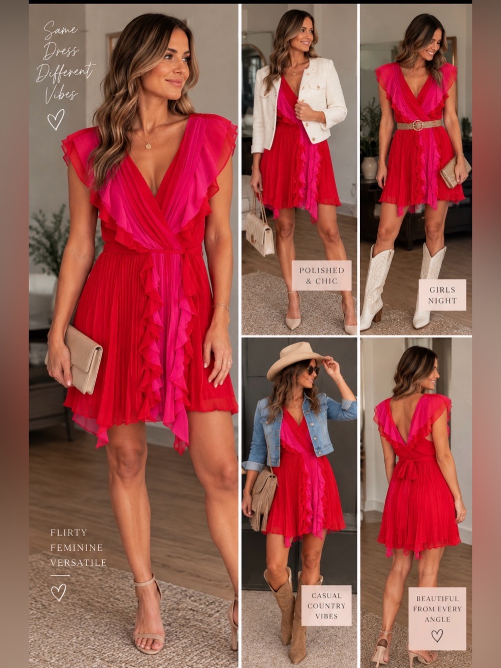 the clothing company Red & Pink Ruffle Wrap Mini Dress